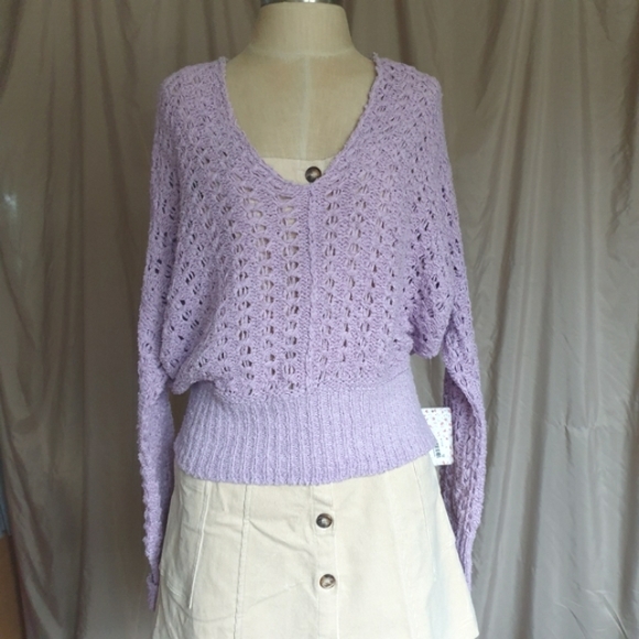 Free People Best Of You Open Weave Knit V-Neck Sweater in Light Purple Moo Sz XS - Picture 2 of 15
